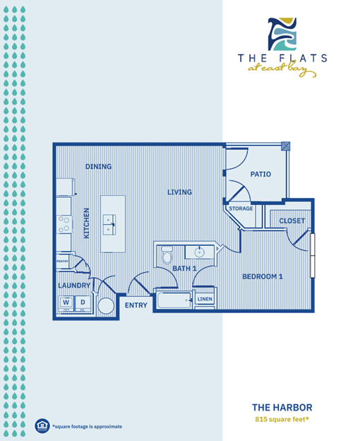 Floor plan for 1 bed, 1 bath, 815 sqft